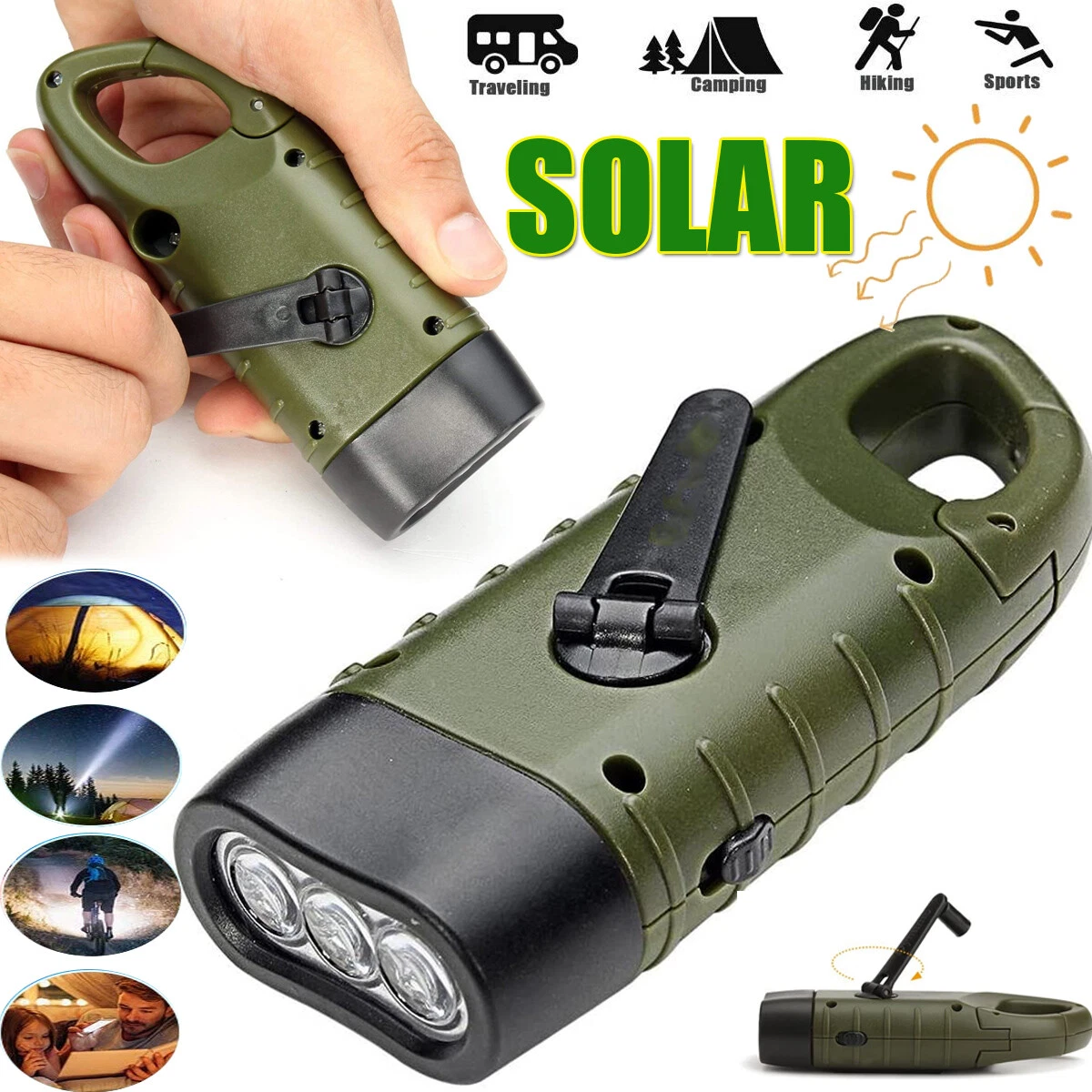 1/4PCS Solar Powered Hand Crank Flashlight Rechargeable LED Clip Emergency  Light