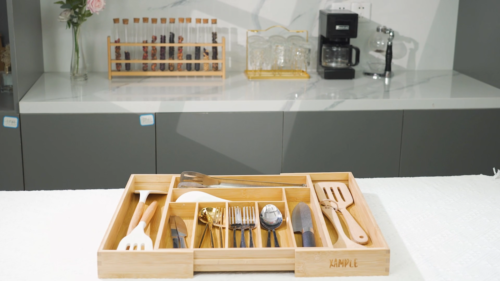 Extendable Bamboo Cutlery Tray Kitchen Drawer Organiser 9 Storage Compartments - Video 1 of 1