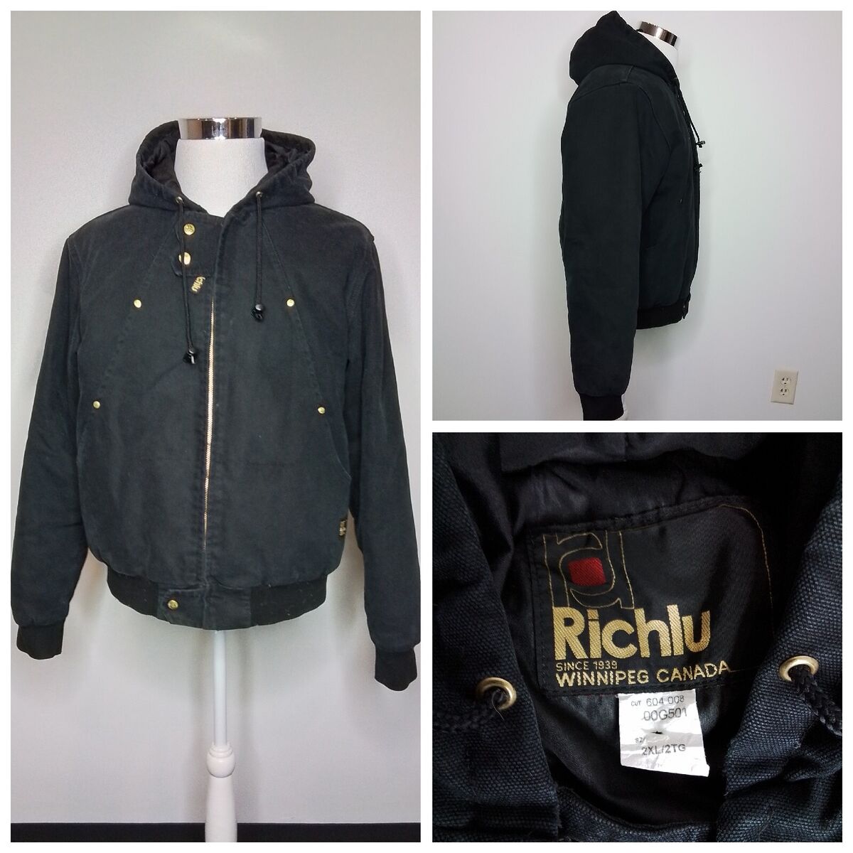 Richlu Canvas Hooded Jacket Rib Trim Black Men's 2XL #J1624 Richlu Canvas Hooded Jacket Rib Trim Black Men's 2XL #J1624