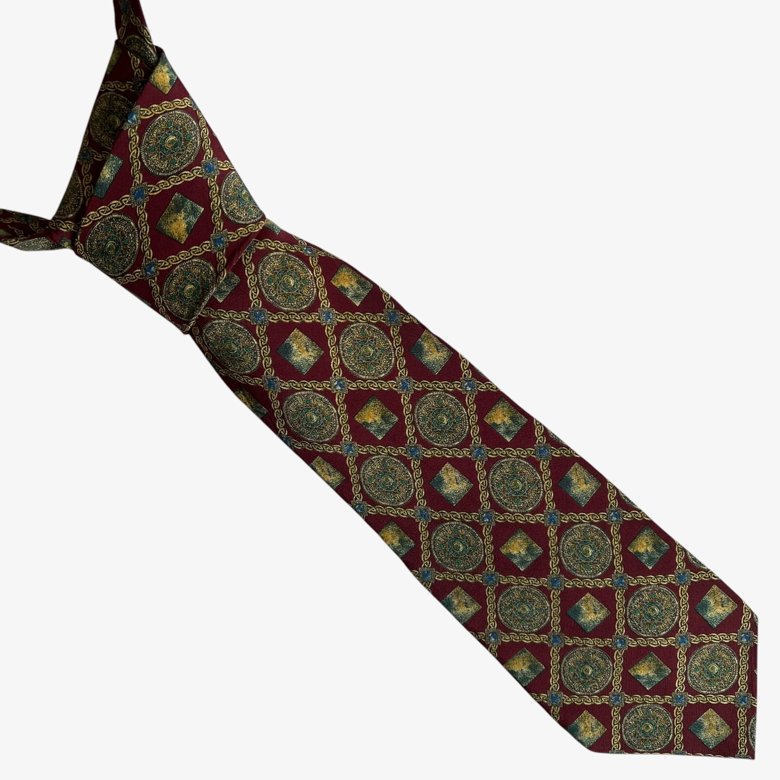 Vintage 90s The Metropolitan Museum Of Art Abstract Diamond Chain Print Silk Tie