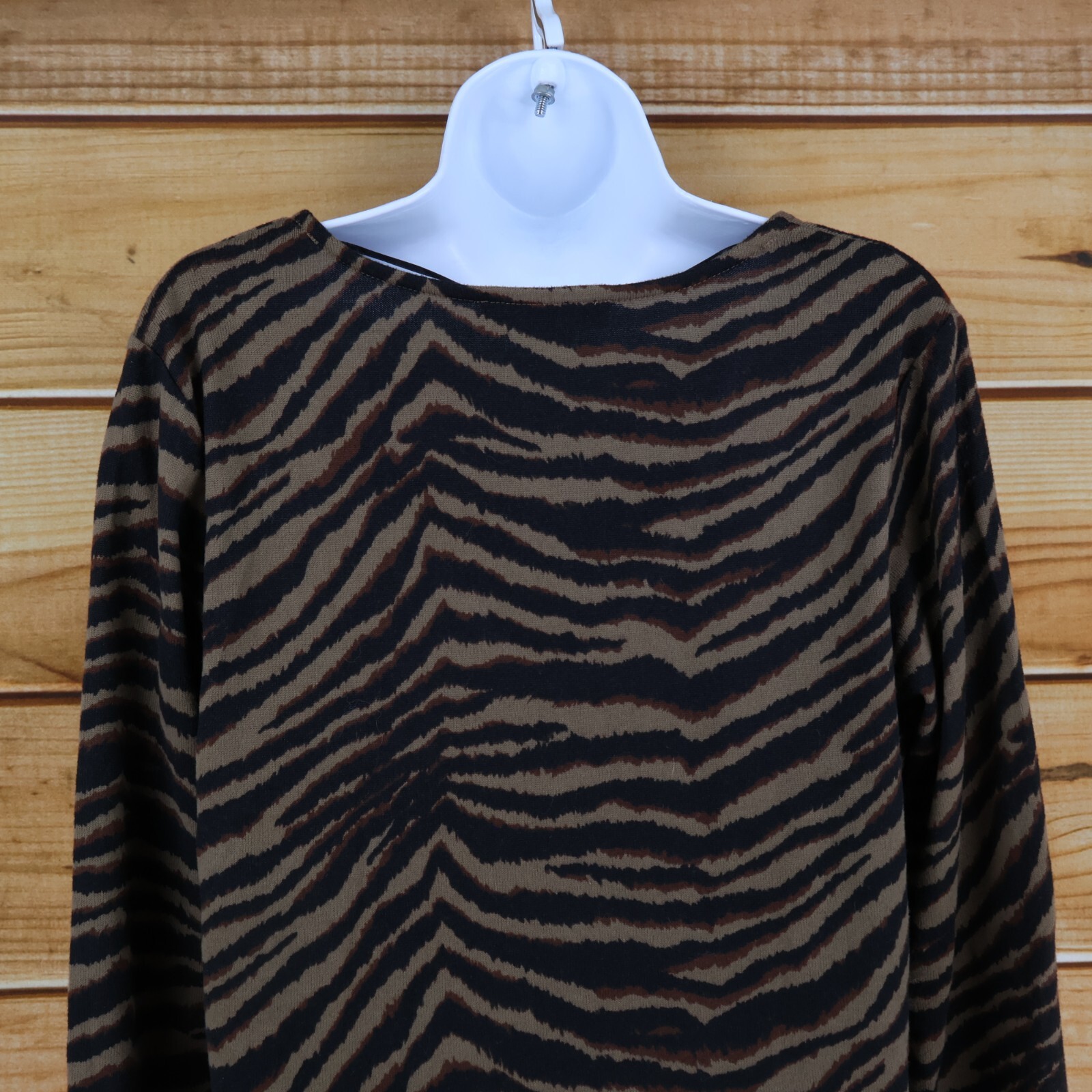 Sanctuary Long Sleeve Knit Top Womens M Brown Animal Print Stretch V-Neck Soft