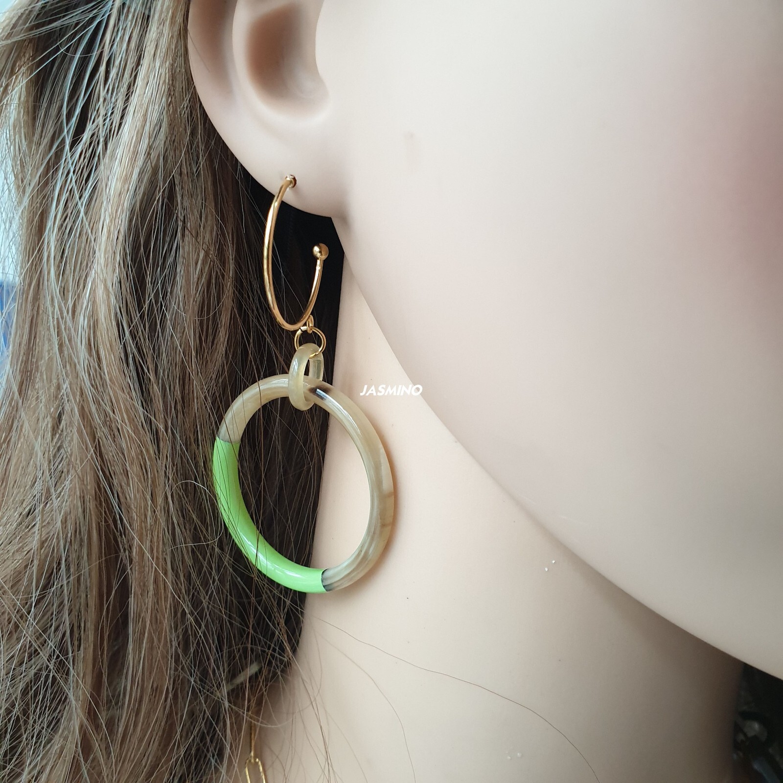 Lime Green Hoop Natural Buffalo Horn Earrings, Charming Unique Nice Gift