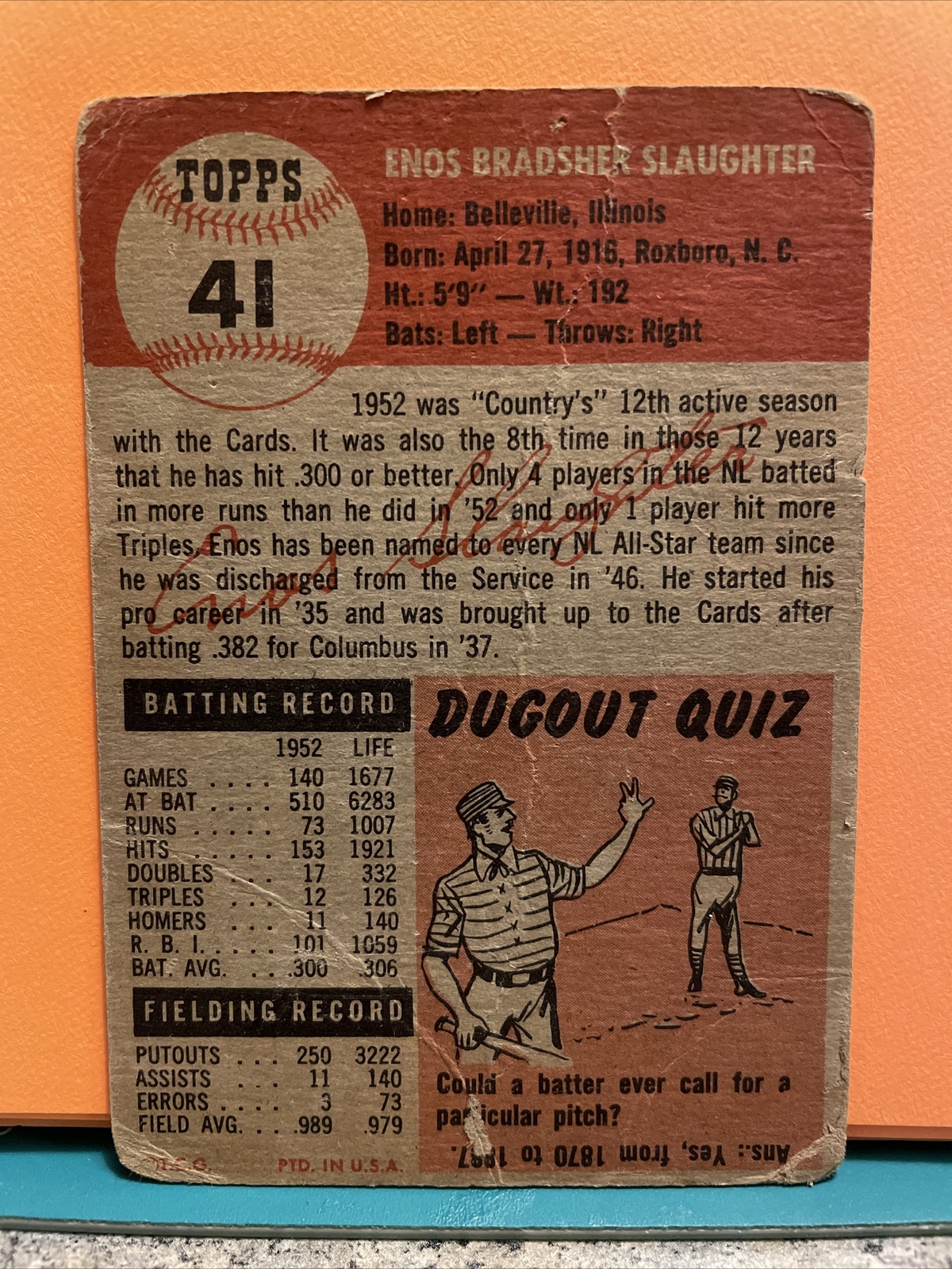 1953 Topps - #41 Enos Slaughter St. Louis Cardinals Original Baseball Card - Picture 2 of 2