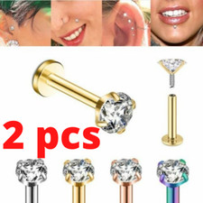 PAIR 16G GOLD PRONG SET CZ INTERNALLY THREADED LABRET LIP STUD Ear TRAGUS RING