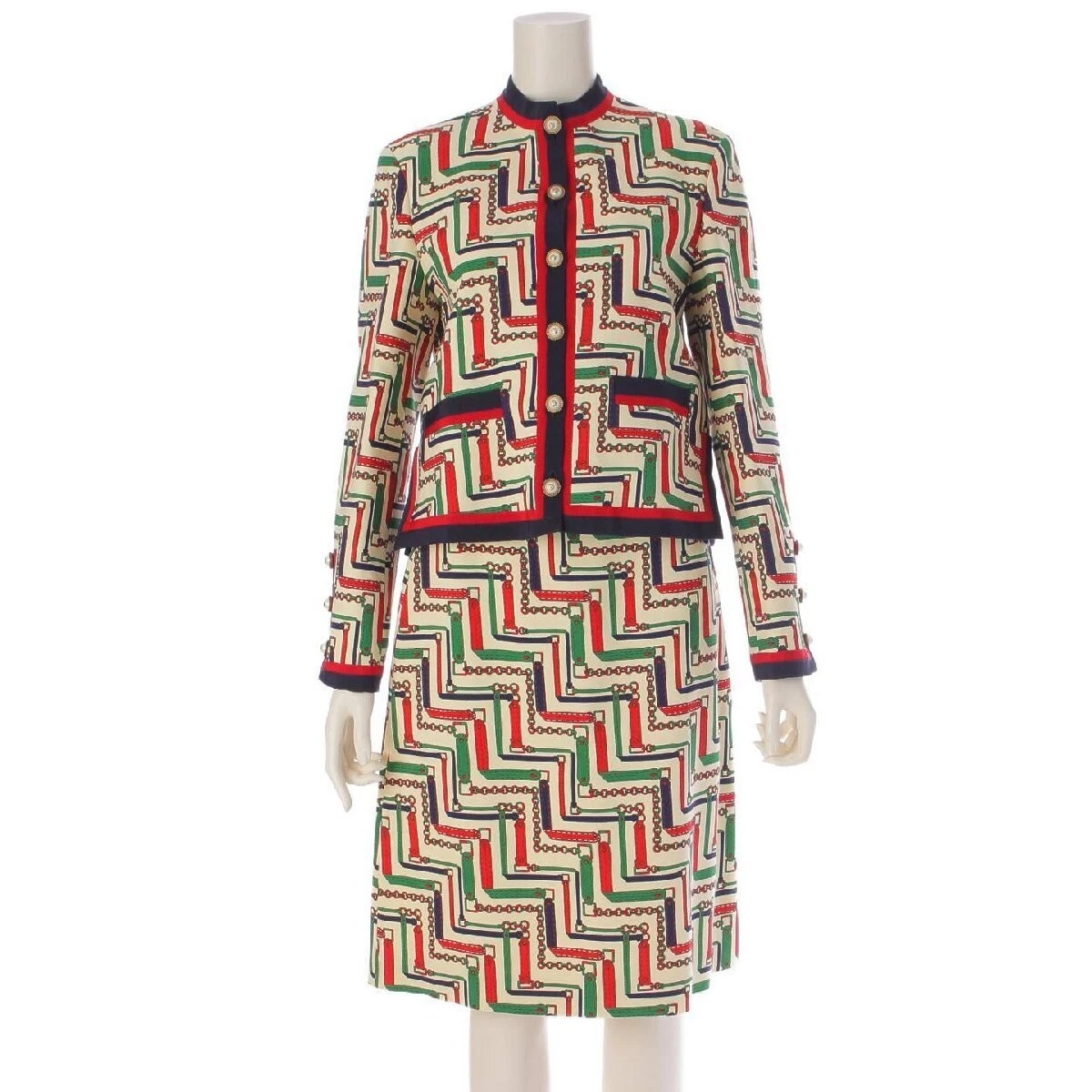 GUCCI Chaîne Ceinture Motif Soie Laine Veste 40 & Jupe 42 Setup Multicolore Femme