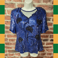 Vintage 80s Stenay Beaded Silk Top Medium Blue Mesh Neck Sequin Floral