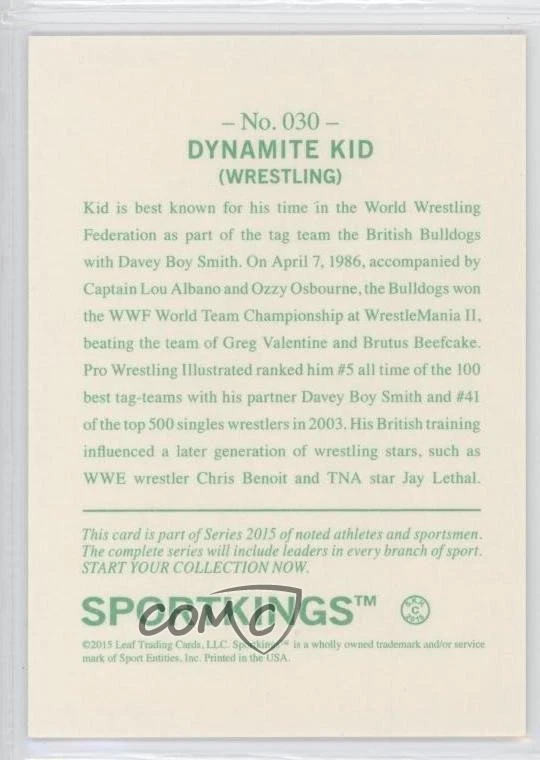 2015 Leaf Sportkings Green /50 Dynamite Kid #030 - Image 2 of 2