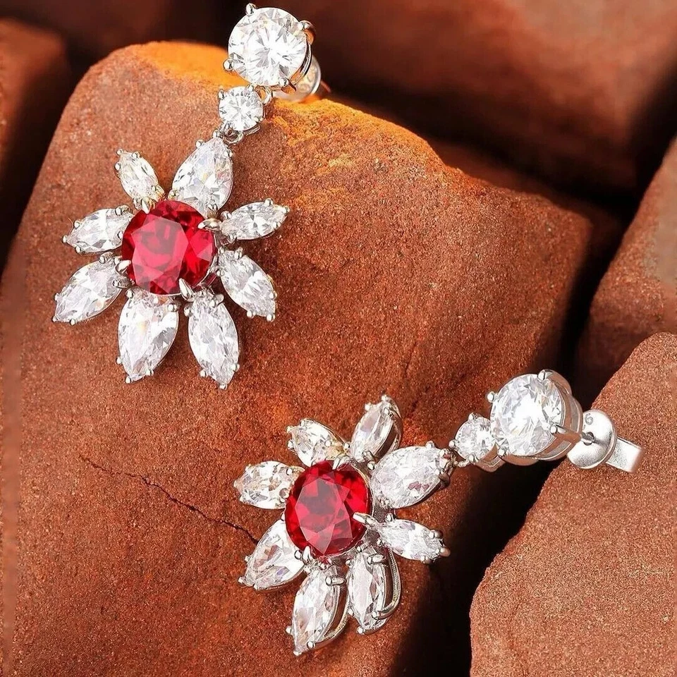 Висячие серьги круглой огранки с имитацией рубина покрытие белым золотом 14 карат 2 карата - Изображение 3 из 3