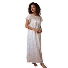 Oscar de la Renta White Satin Floral Embroidered Lace Maxi Nightgown Medium
