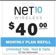Net10 40.00/Month Refill, Unlimited Talk, Text, and Data 10 GB 4G LTE 