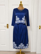 New Women's Blue White Floral Print Two Piece Top & Midi Skirt Set Size 16 XXL