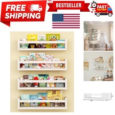 Set of 4 Wall-Mounted Kid's Bookshelf - White Floating Nursery Book Shelves -...