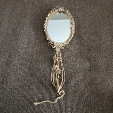 Vintage Wired Gold Filigree Vanity Hand Held Mirror with Pink Velvet Back