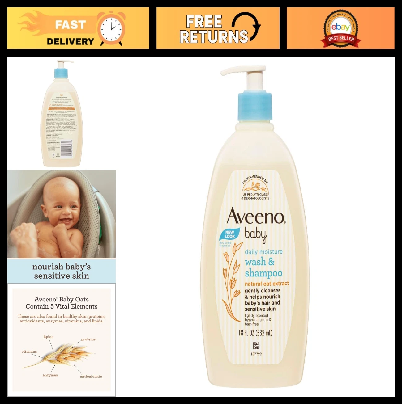 Gentle Baby Wash & Shampoo with Natural Oat Extract, Tear-Free, 18 Fl Oz, 4 Pack