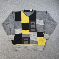 Vintage Carlo Colucci Sweater Mens 50 Gray Yellow Geometric Knit Germany 90s