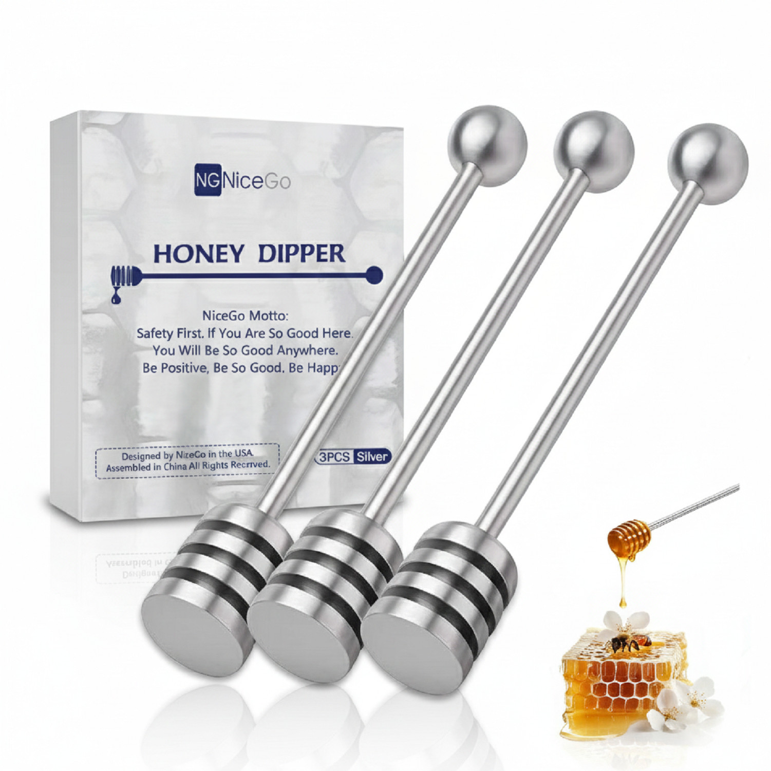 NiceGo Honey Dipper Premium 304 Stainless Steel Honey Dipper Set 3 Pack 6.3 inch