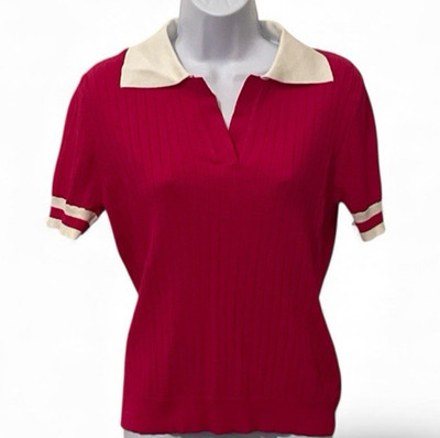 Select + Trend Womens Knit Polo Shirt Junior Size M Red White Collar Sleeves