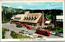 Postcard WA Paradise Inn - Mt. Rainier National Park 50s cars buses