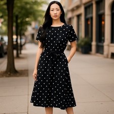 Black Polka Dot Button-Skirt Belted Midi Dress Business Career Academia SZ M