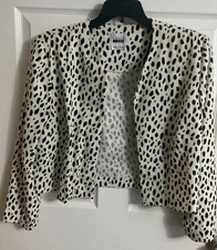 Leslie Fay Women's Sz 16 White/Black Spots Open Front LS Bolero Shrug Jacket