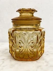 Vintage Federal Glass Atterbury Scroll Show Off Amber Canister Jar With Lid