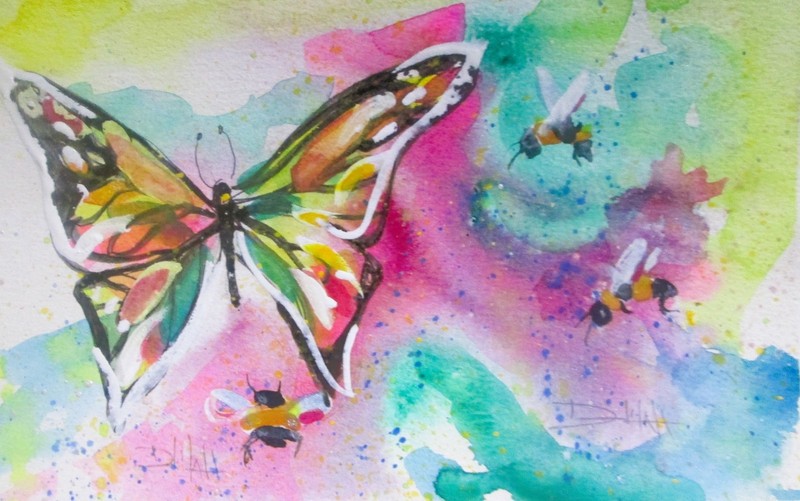 Delilah original watercolor painting  impressionism colorful butterfly bee