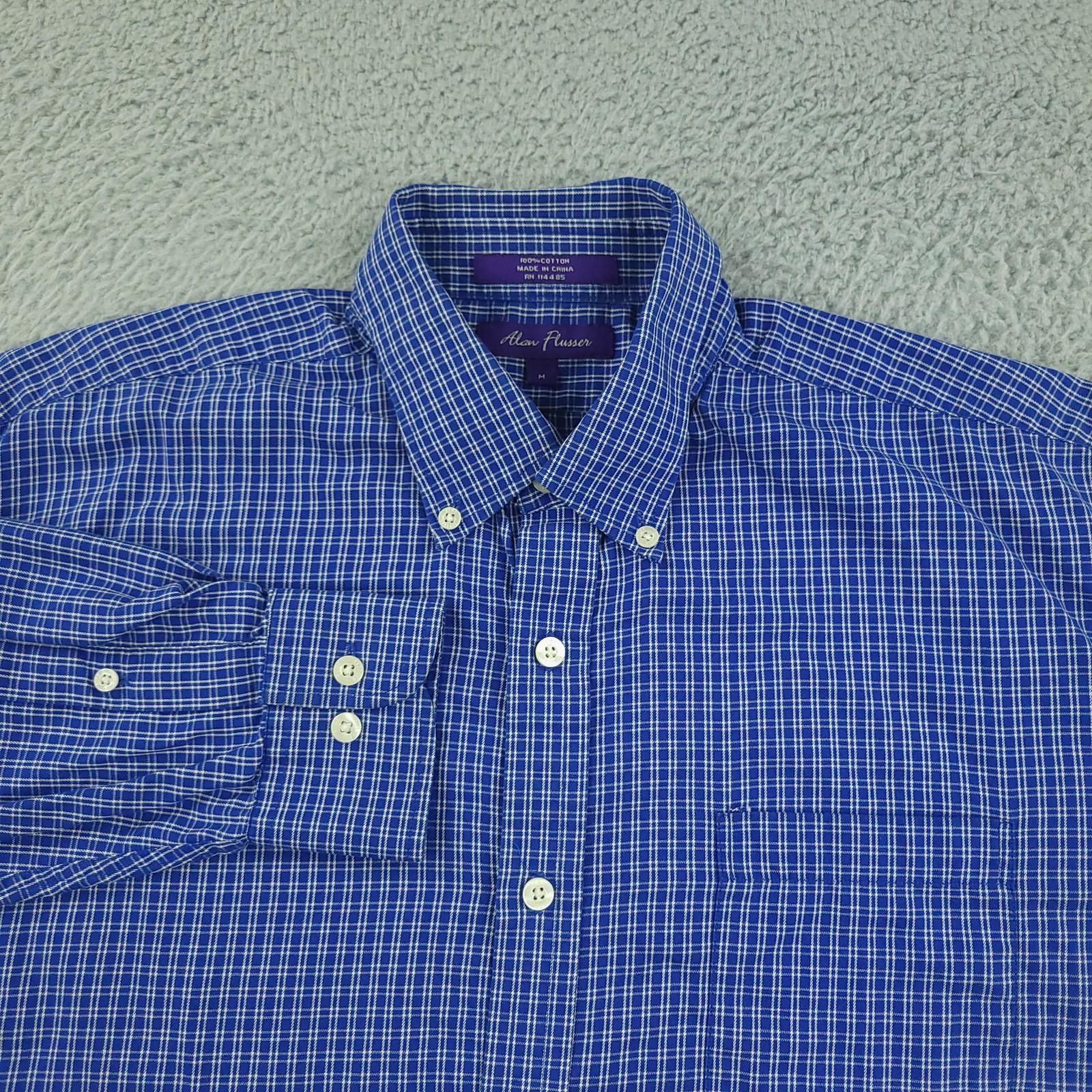 Alan Flusser Shirt Mens Medium Blue White Plaid Button Down Long Sleeve Casual