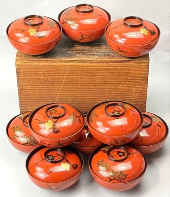 Antique Japanese Lacquer Lidded Bowls Set Of 10 Pine Bamboo Plum Box