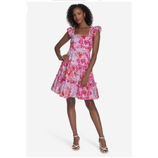 Eliza J Sundress Womens SIZE 6 Poplin Pink Floral Print Square Neck Tassel