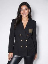 MISS PENDLETON 100 Virgin Wool Black Blazer Gold Embroidery Sz 16 Shoulder Pads