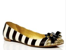   Kate Spade New York Sz 9 M Trixie Black Ivory Stripes Bow Ballet Flat Glitter