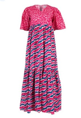 Primrose Park Pamela Squiggle Pink Mix Star Print Stufen Maxi Midi Kleid Gr. XS