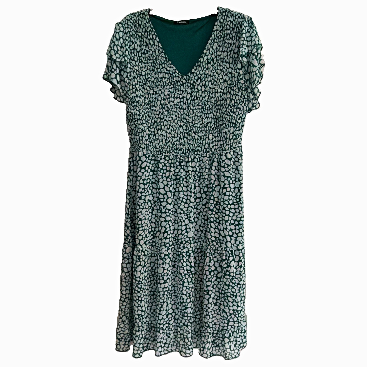 Fashion Women’s A-Line Dress V-Neck Flutter Sleeve Abstract Smocked XL Knee