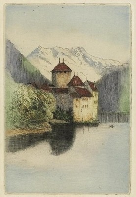 Reginald Barker - Bleistift signierte Radierung - Schloss Chillon Schweiz