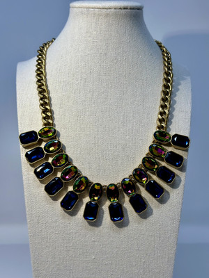 JCrew Statement Necklace Sapphire Blue & Watermelon Faceted Crystals Gold Tone