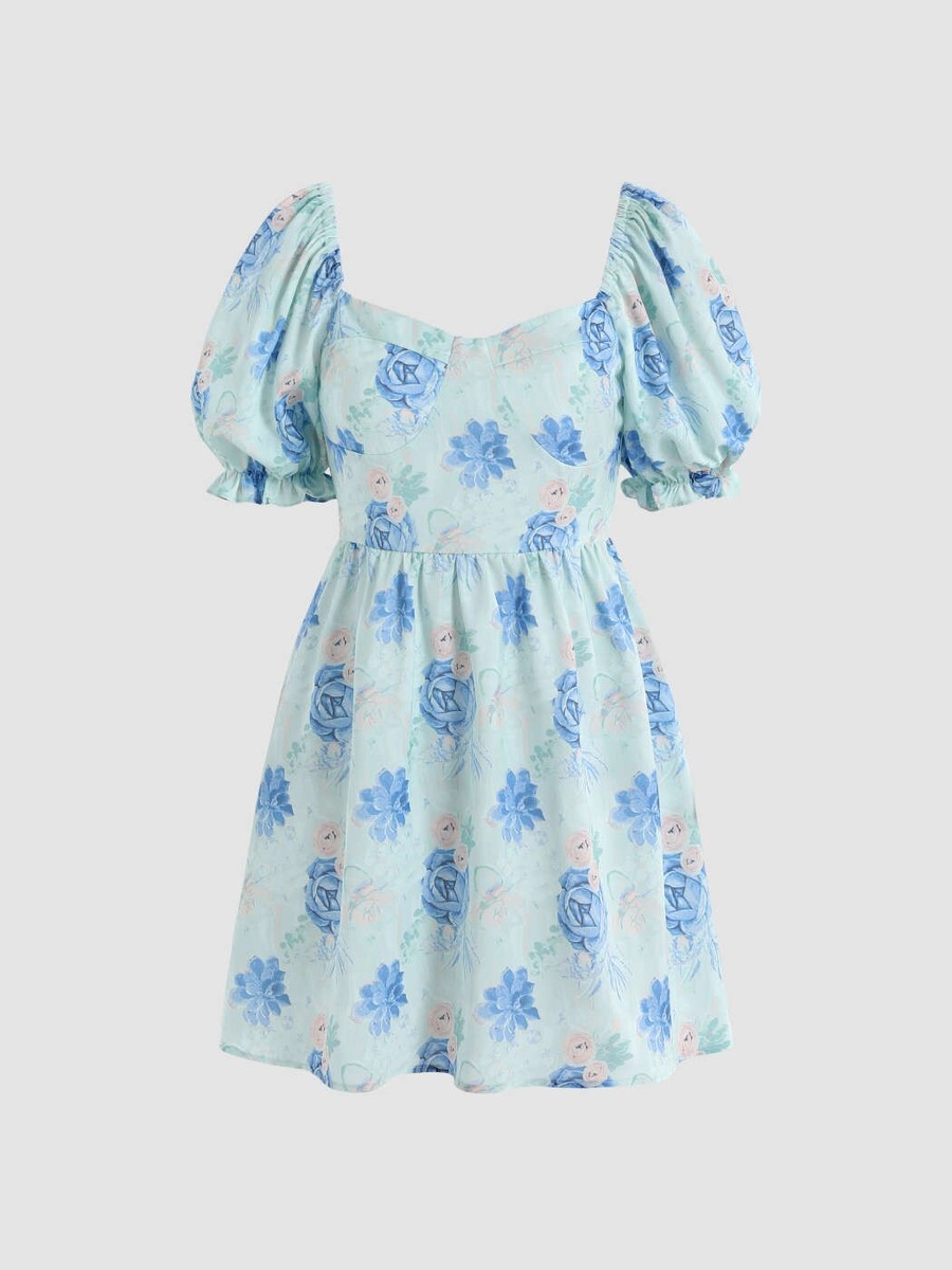 cider floral puff sleeve mini dress CIDER Mini Dresses for Women Puff Sleeves Square Neck Tie Back Dresses Summer Casual Trendy Outfits Green at Amazon Women's Clothing store