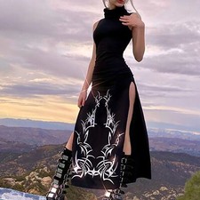 High Split Gothic Dress - Vintage Turtleneck Long Sundress Women Fashionwear