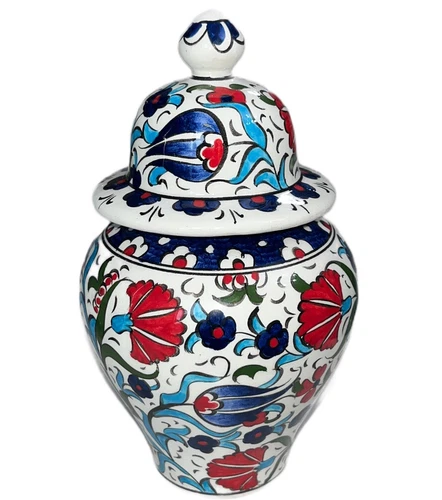 Turkish Ginger Jar Vase Lidded 6” Height Hand painted Vtg