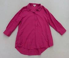 Crown & Ivy Women's Top Size L Pink 3/4 Sleeve Tunic Half Button-Up