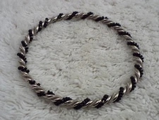 Twisted Silvertone Black Bead Bangle Bracelet