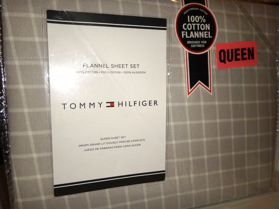 Juego de sábanas de franela TOMMY HILFIGER 4 PIEZAS QUEEN gris a cuadros 100 % algodón pesado Foto 4 de 4