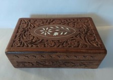 Indian Vintage Hardwood Inlaid Medium Trinket Box with Chiseled Floral Design