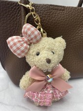 Cute Pink Teddy Bear Bag Charm Keychain Bear Bow Dress Plush Bag Accessory Purse