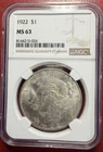 1922 $1 Peace Dollar. NGC MS-63. Free Shipping
