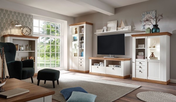 Landhaus Wohnwand 458Cm Pinie Weiß Wotan Eiche Anbauwand Highboard-image