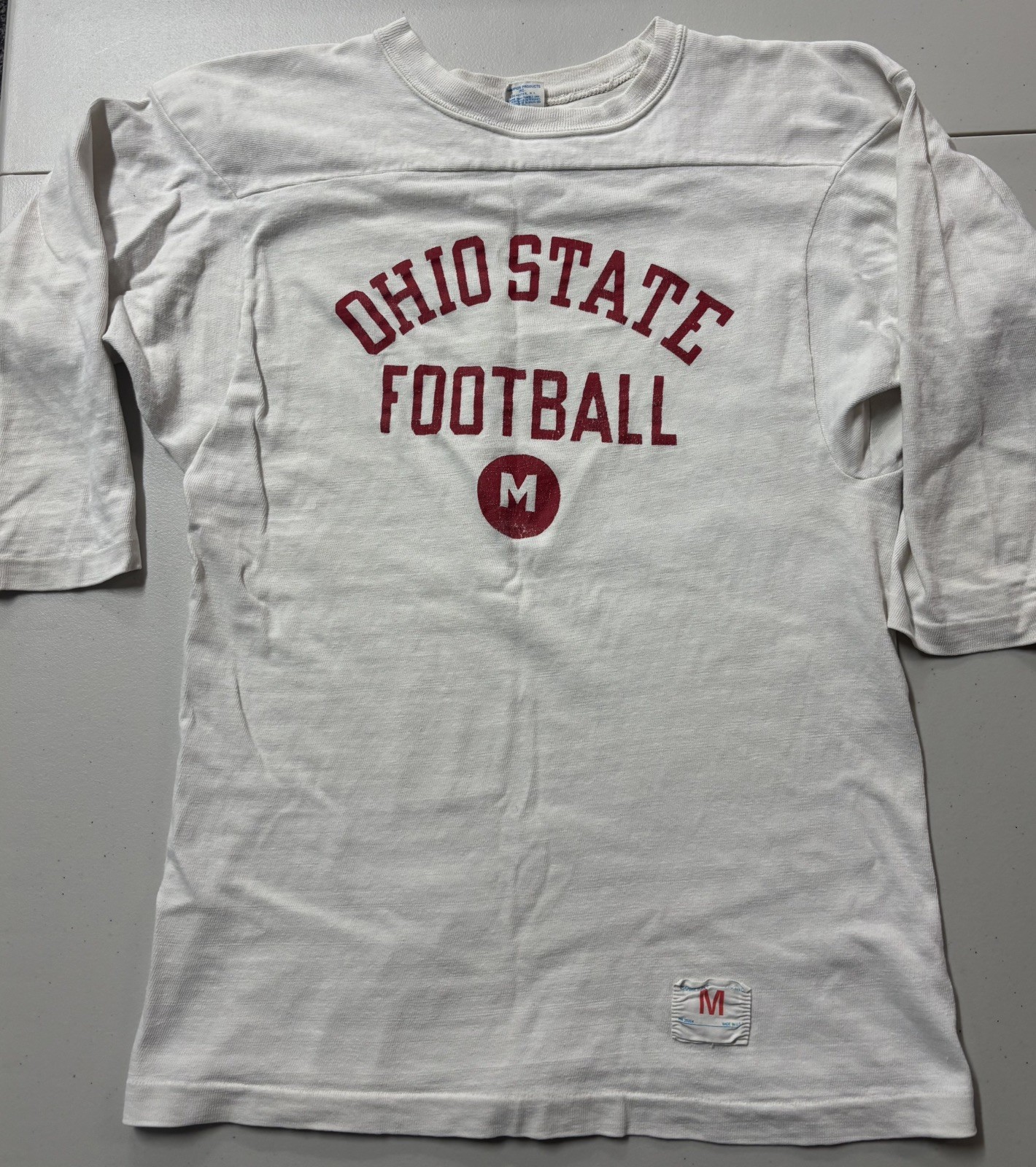 Vintage Champion Ohio State Football T-Shirt Size Medium White 1/2 Sleeve 70s 