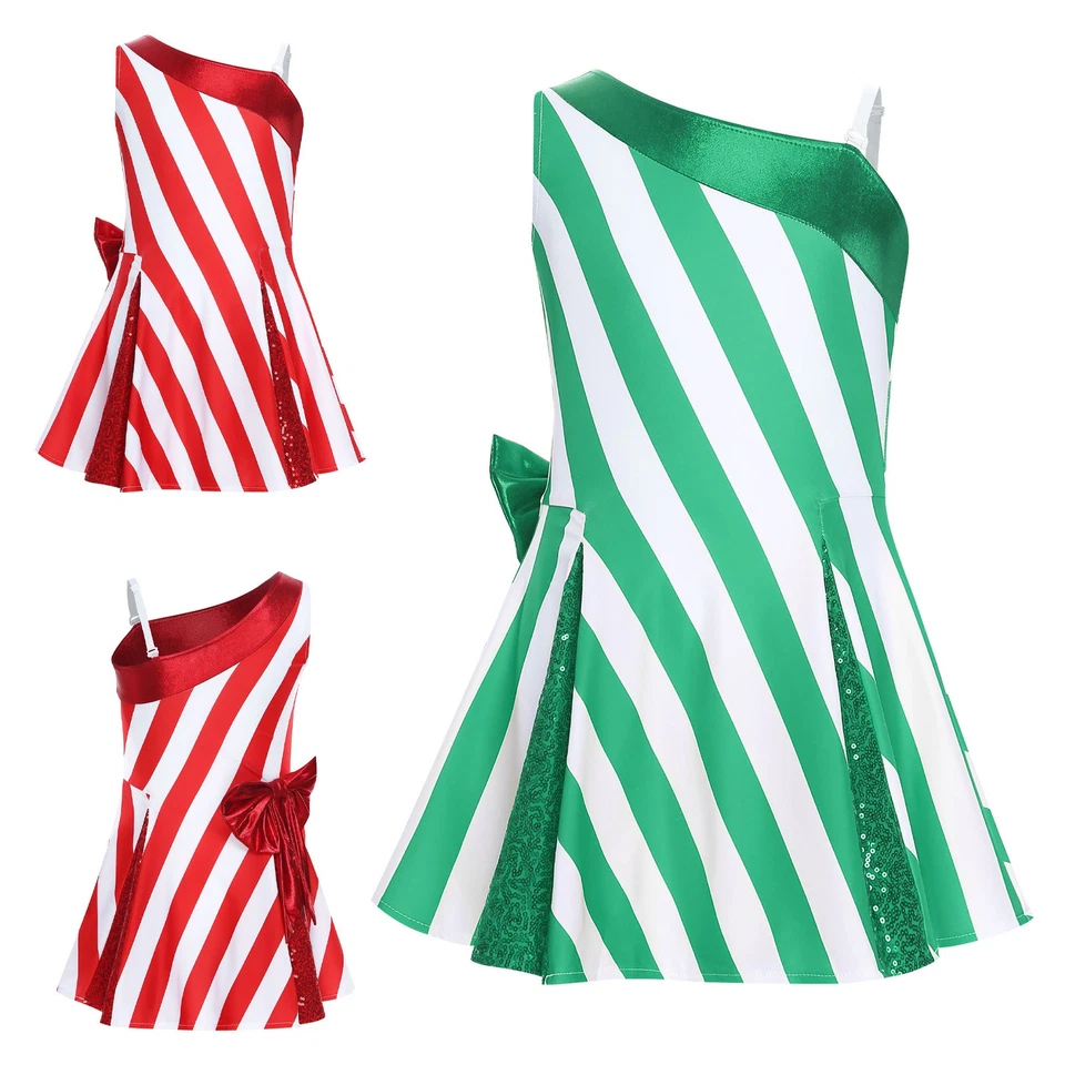 Girls Xmas Dress Costume Christmas Party Candy Cane Performance Metallic Bow - Image 4 of 4