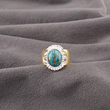 Oval Genuine Blue Copper Turquoise 925 Sterling Silver Promise Band Ring Jewelry