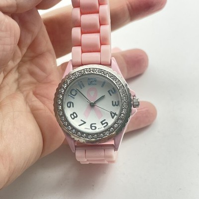 GENEVA Pink Ribbon Watch Womens Silicone Band Rhinestone Bezel