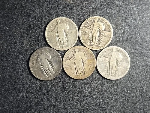 FIVE (5) U.S. Standing Liberty SILVER Quarters - ILLEGIBLE DATES  stk#p25